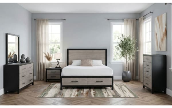 Modern bedroom set featuring a queen bed with wood and black metal frame, matching dresser, chest, and nightstand in light gray wood finish.